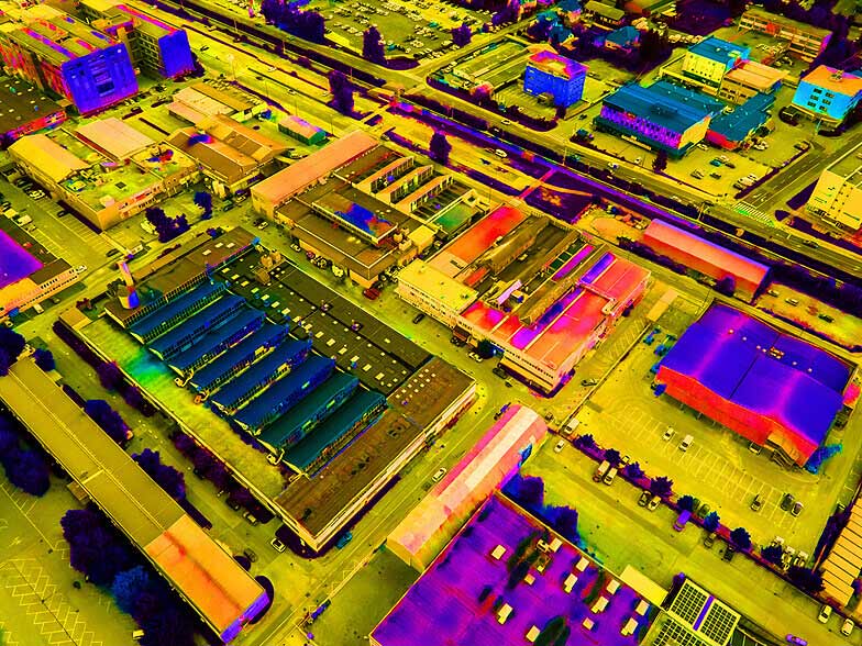 Thermal imaging with drone aerial technology can aide in determining a number of inefficiencies