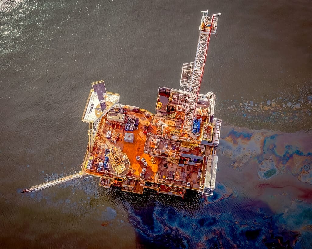 Aerial drone image of an offshore industrial platform captured for inspection and infrastructure assessment.